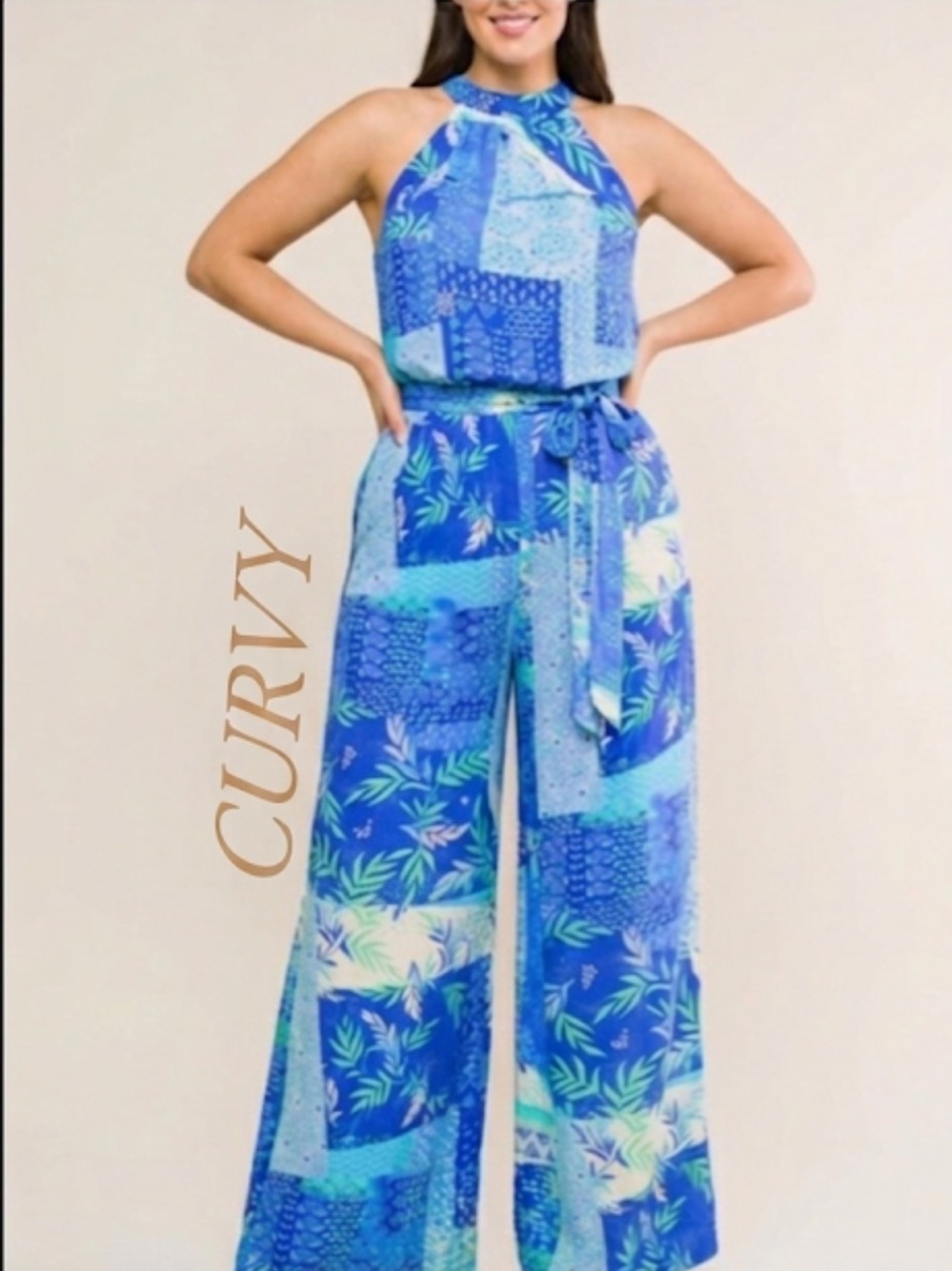 💕PLUS Flying Tomato Halter Patchwork Print Jumpsuit